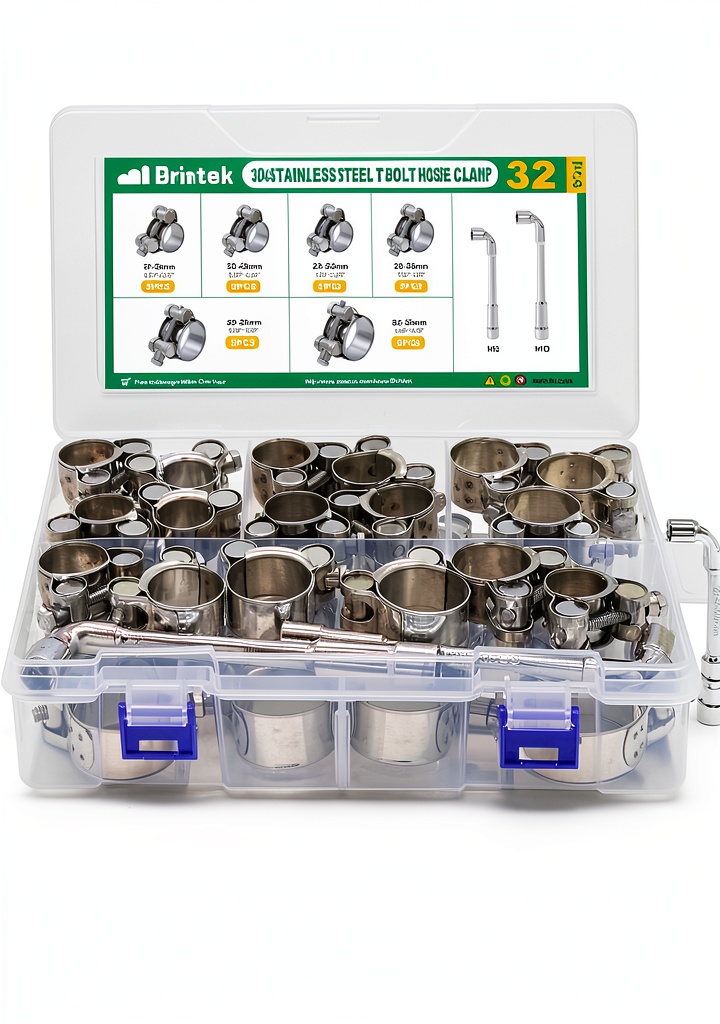 Brintek T-Bolt Hose Clamp Kit with socket wrenches on a workbench