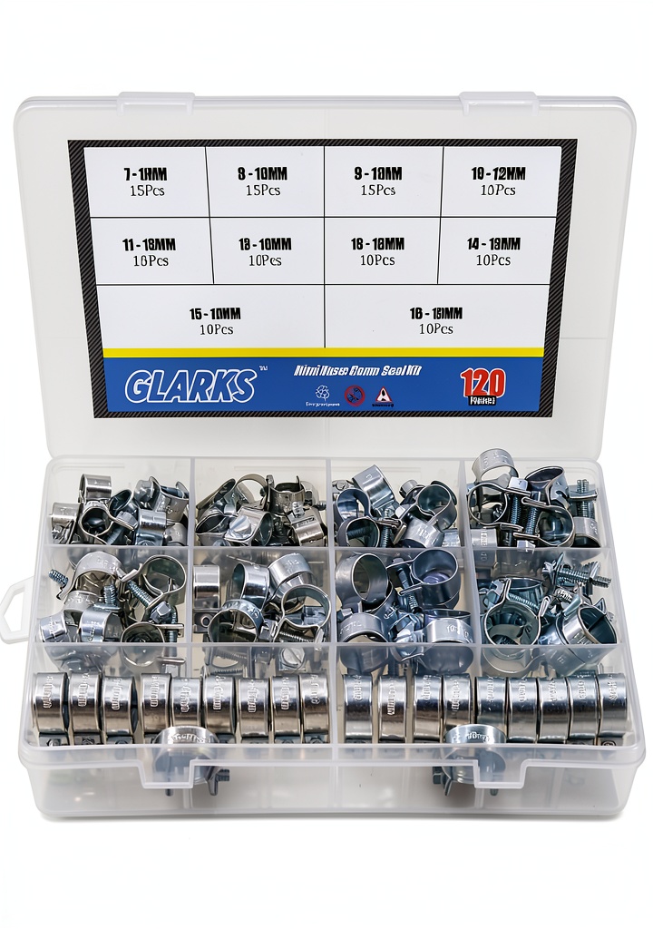 Glarks Mini Fuel Injection Hose Clamp Kit displayed with assorted sizes