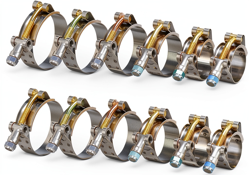PanjinHub T-bolt hose clamps in various sizes on a workbench