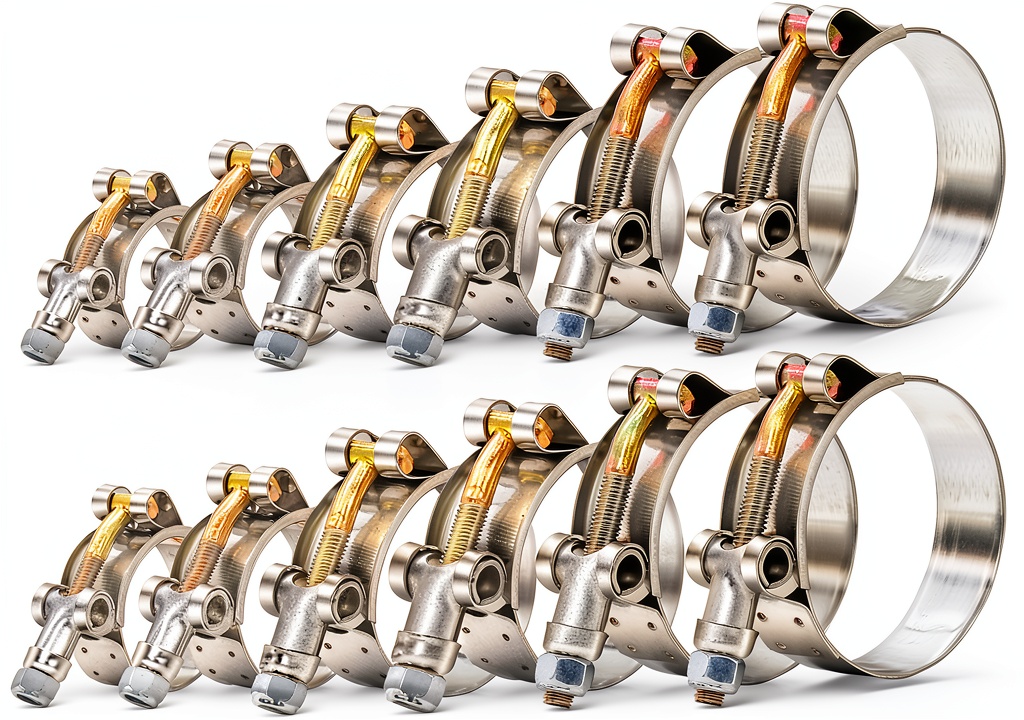 PEROMI T-Bolt Hose Clamps in silver stainless steel with multiple sizes displayed